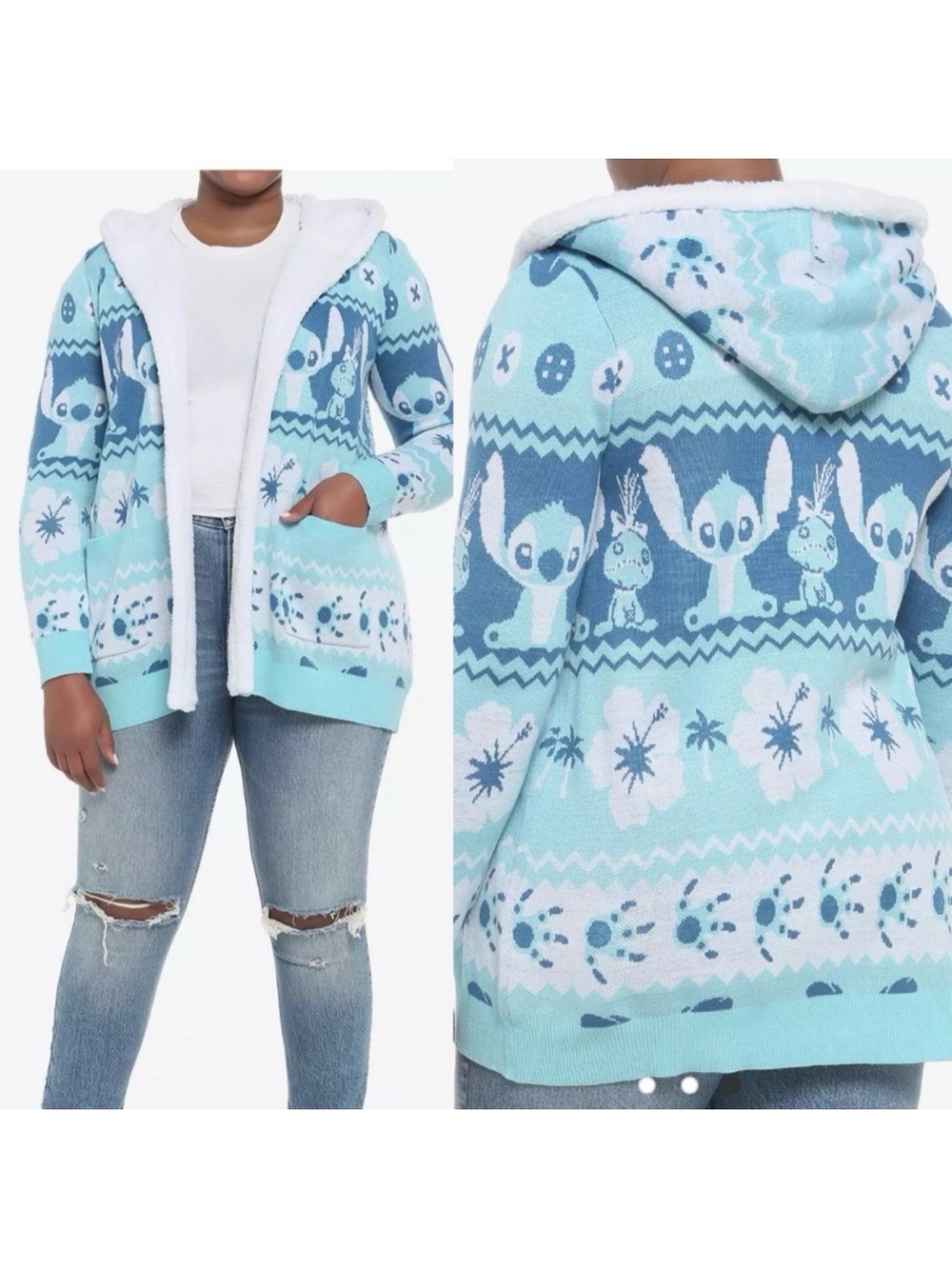 Disney Her Universe Hot Topic Lilo & Stitch Fair Isle Sherpa Open Cardigan Blue
